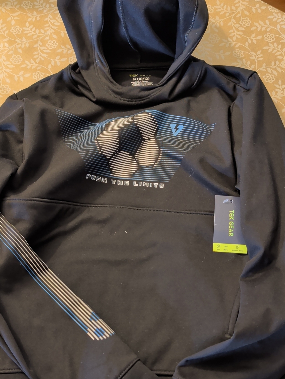 tek gear Black Hoodie with Blue & Cream Soccer Graphic